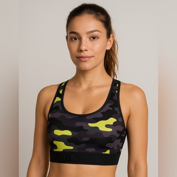 Love & Sports Neon Camo Racerback Sports Bra Size M (8–10) NWOT - Picture 1 of 5